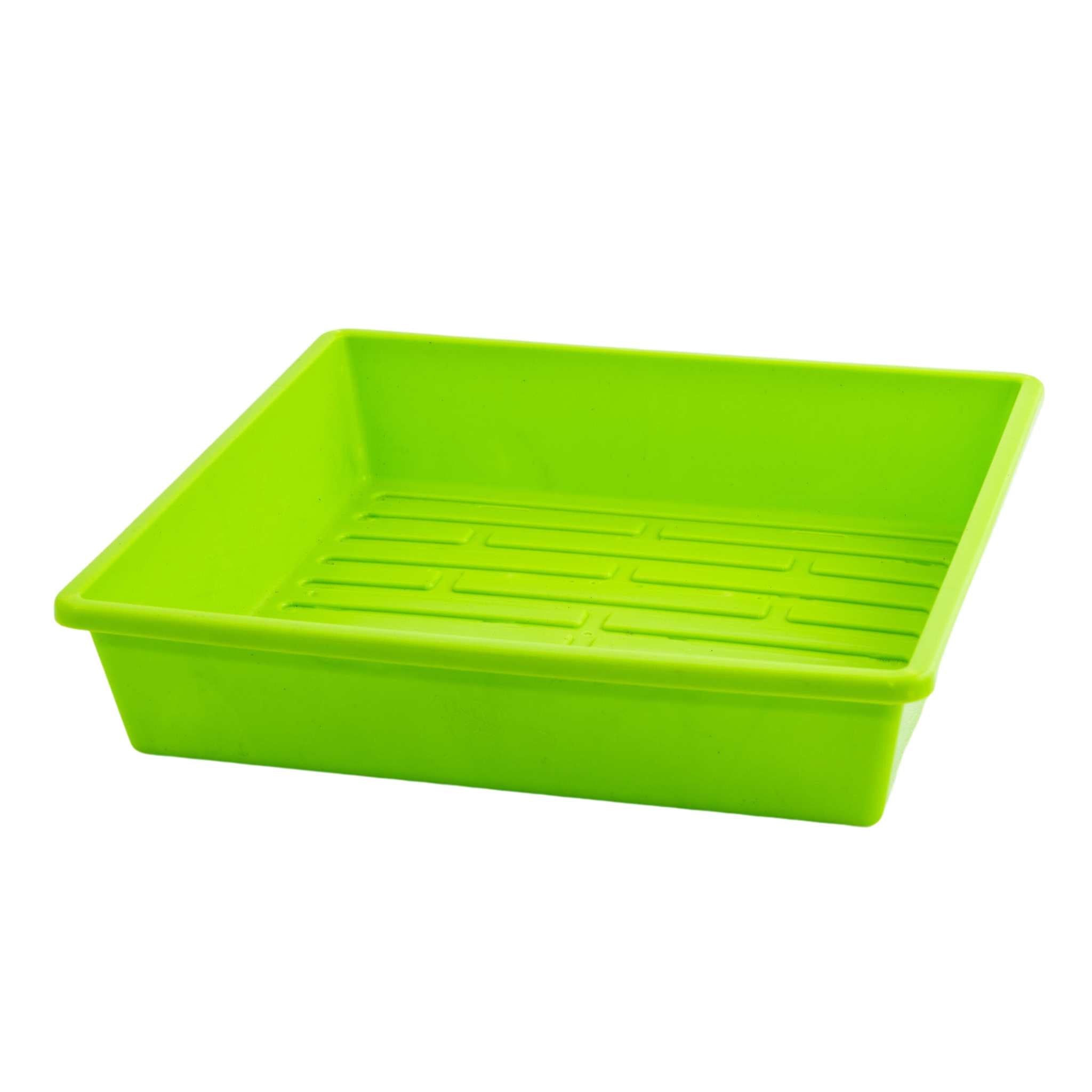 Green plastic tray with drainage holes on a white background