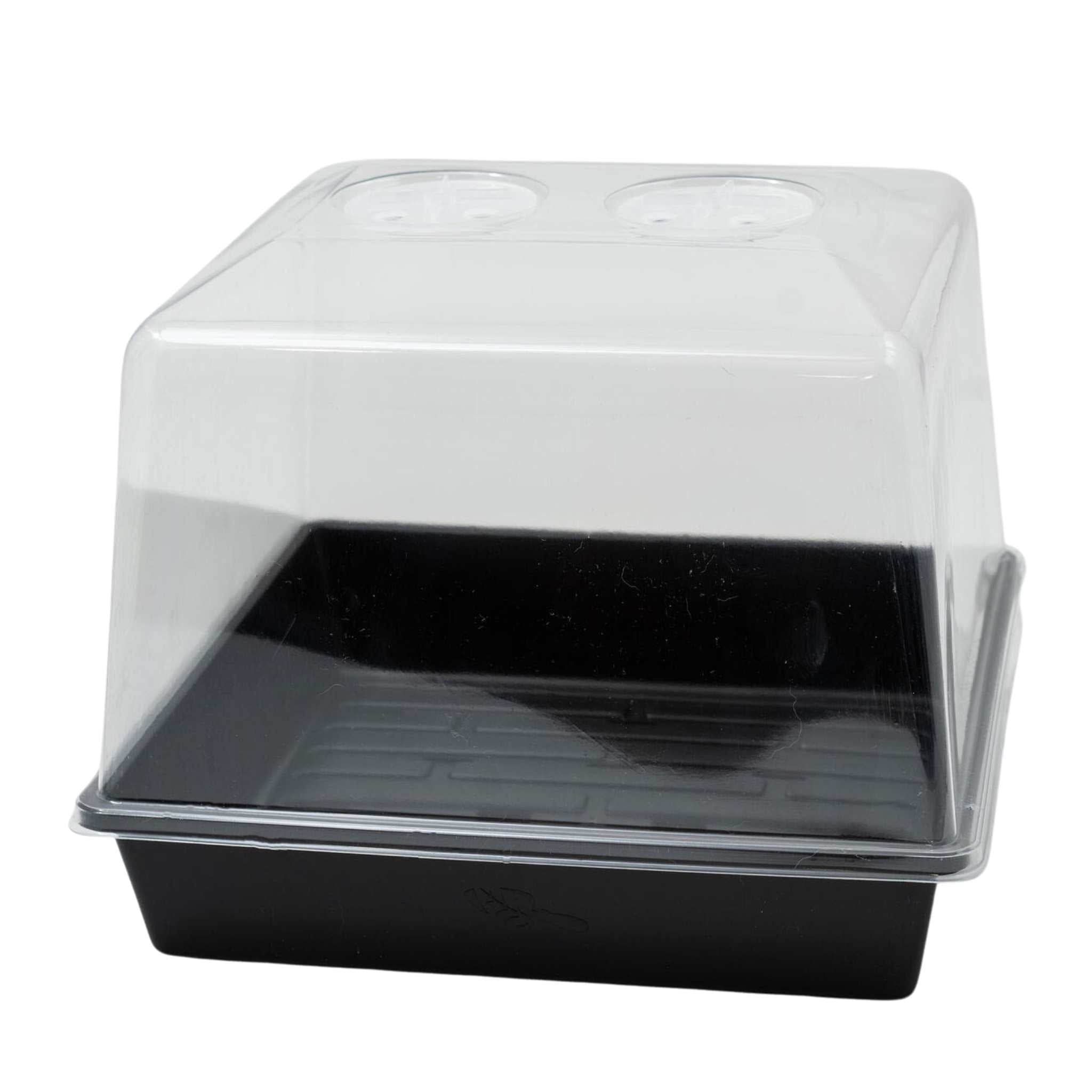 Black plastic seed tray with a humidity lid on a white background