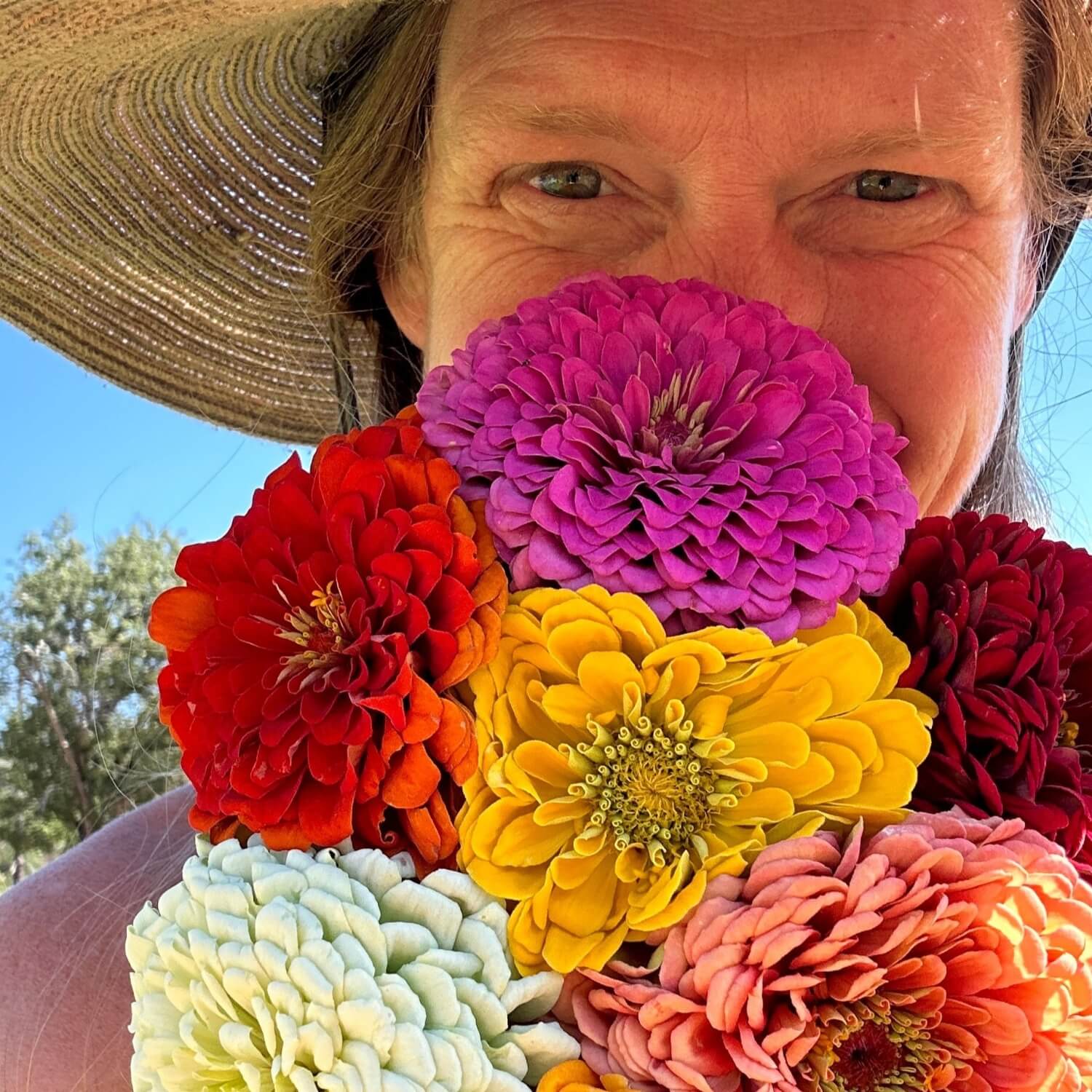 Woman holding a bouquet of colorful mixed zinnia flowers with a straw hat against a blue sky.