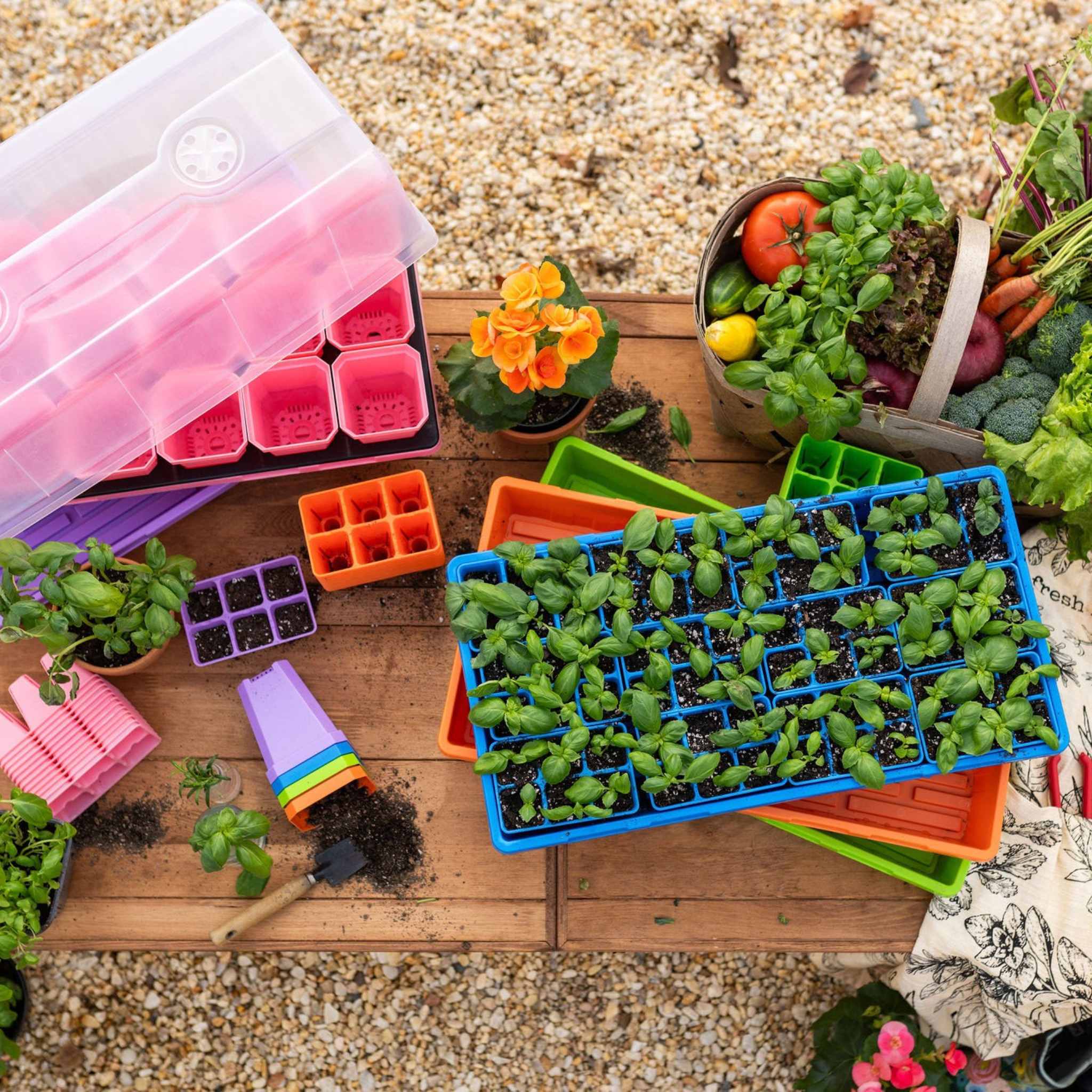 Gardening tools and seedlings on a wooden surface
