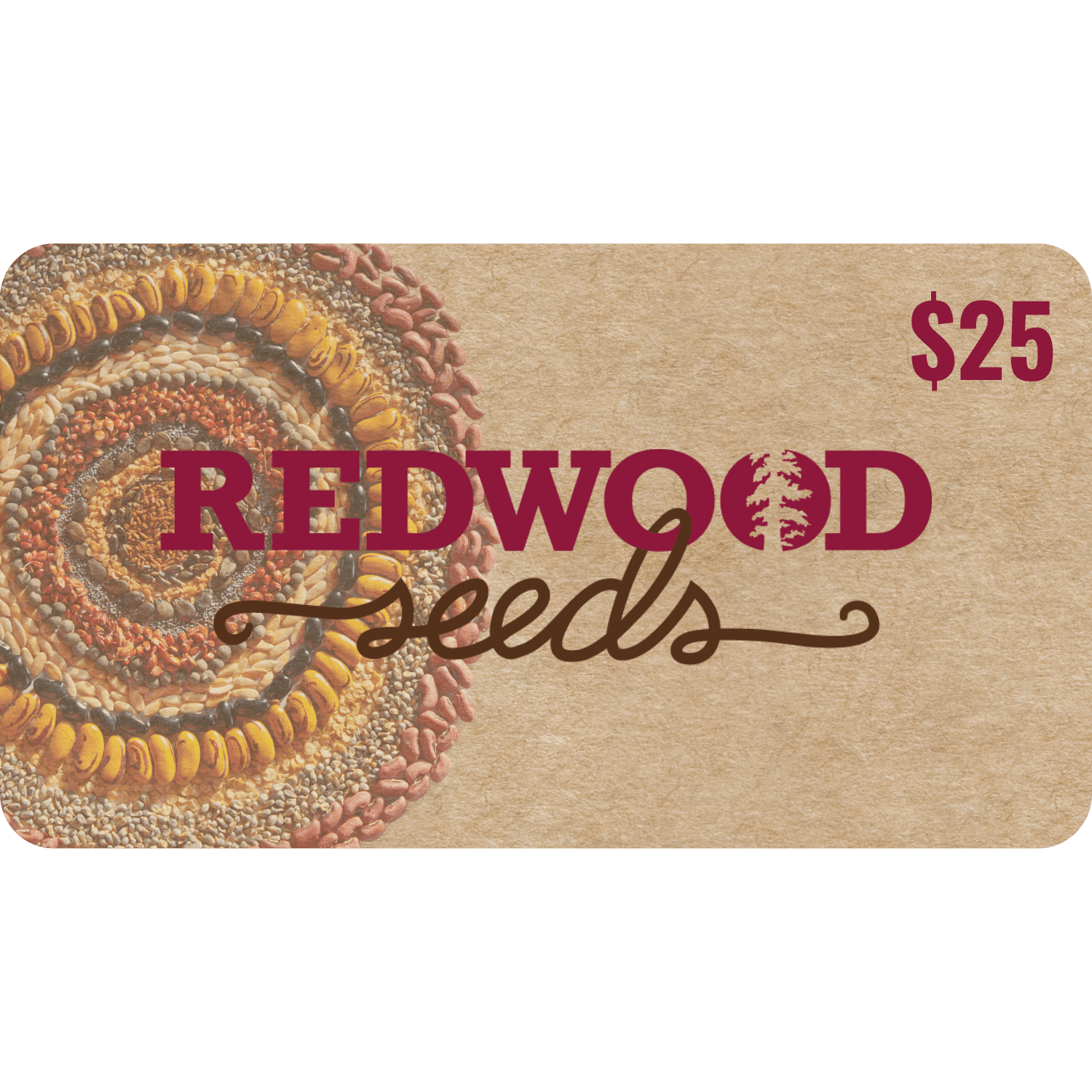 Redwood Seeds gift card with a spiral design of seeds on a brown background