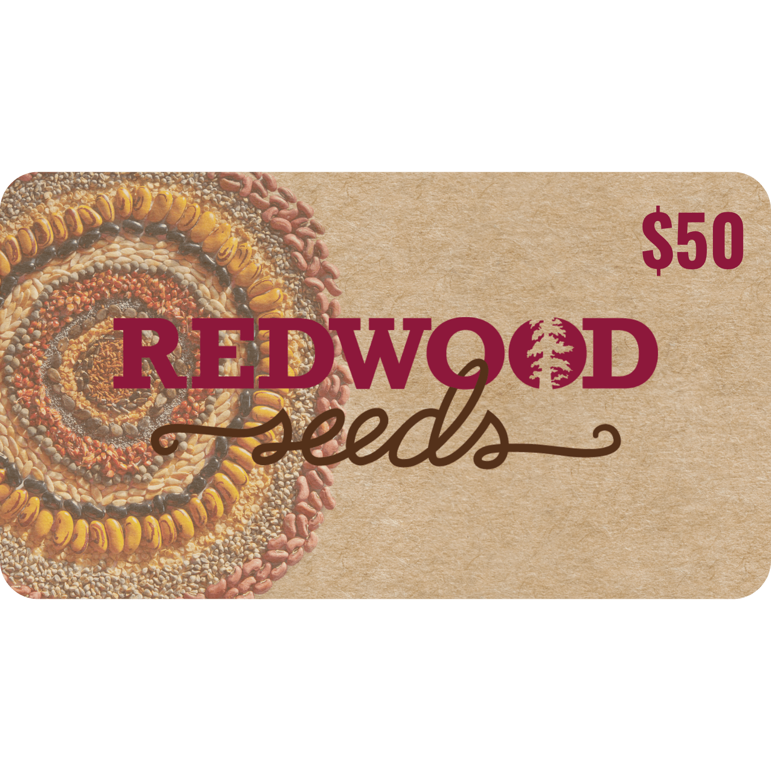 Redwood Seeds gift card with a spiral design of seeds on a brown background