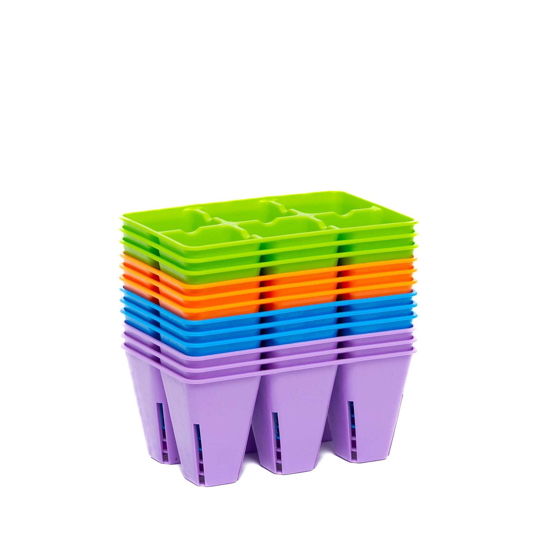 Stack of colorful plastic seed trays on a white background 