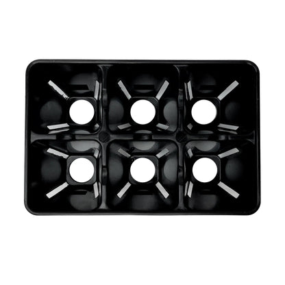 Black plastic seed tray with multiple compartments on a white background 