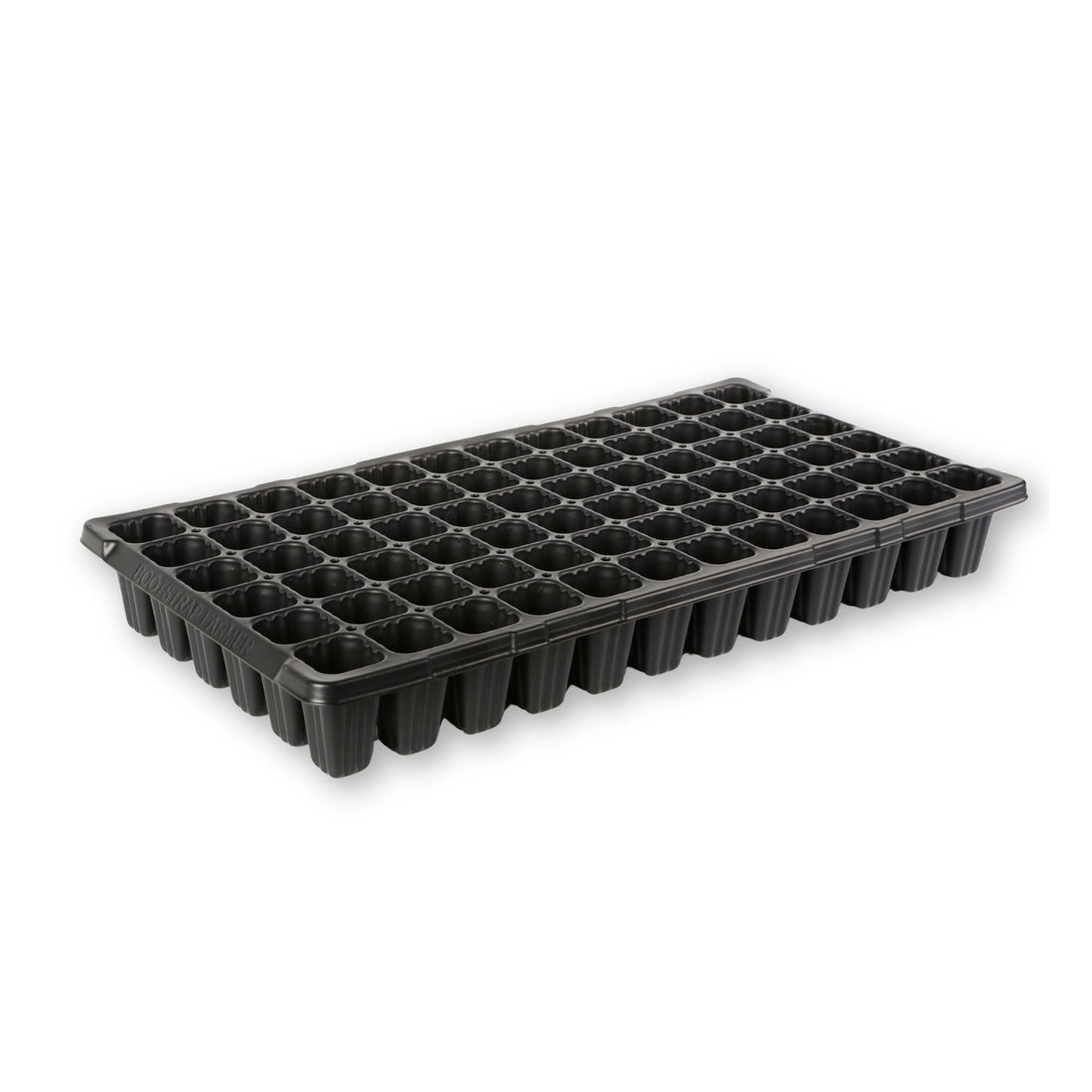Black plastic seed tray with multiple compartments on a white background