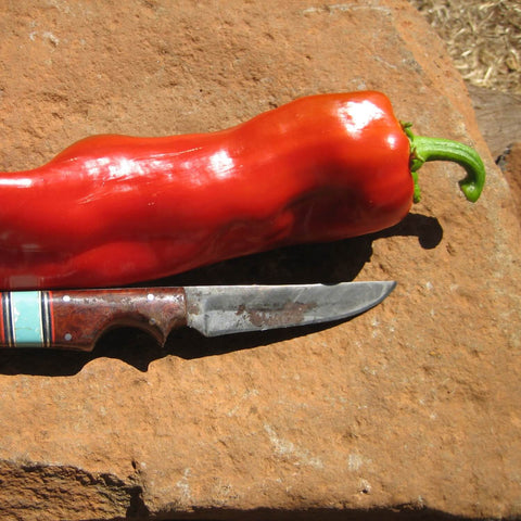 Red Corno d' Toro sweet pepper on a stone surface with a knife