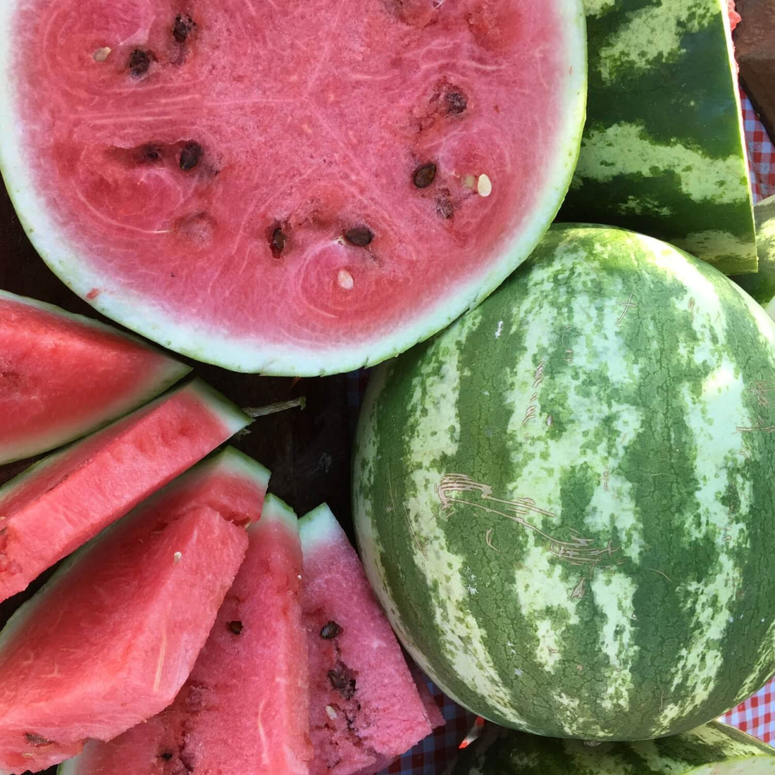 Crimson sweet watermelon with slices and whole fruit on a checkered tablecloth
