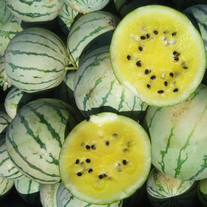 Early moonbeam watermelons with green rind, some cut open to show seeds.
