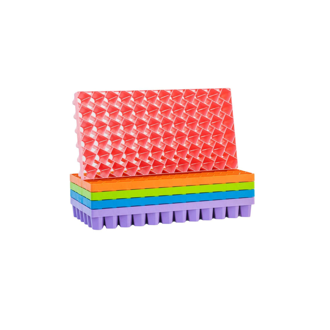 Stack of colorful propagation trays on a white background 