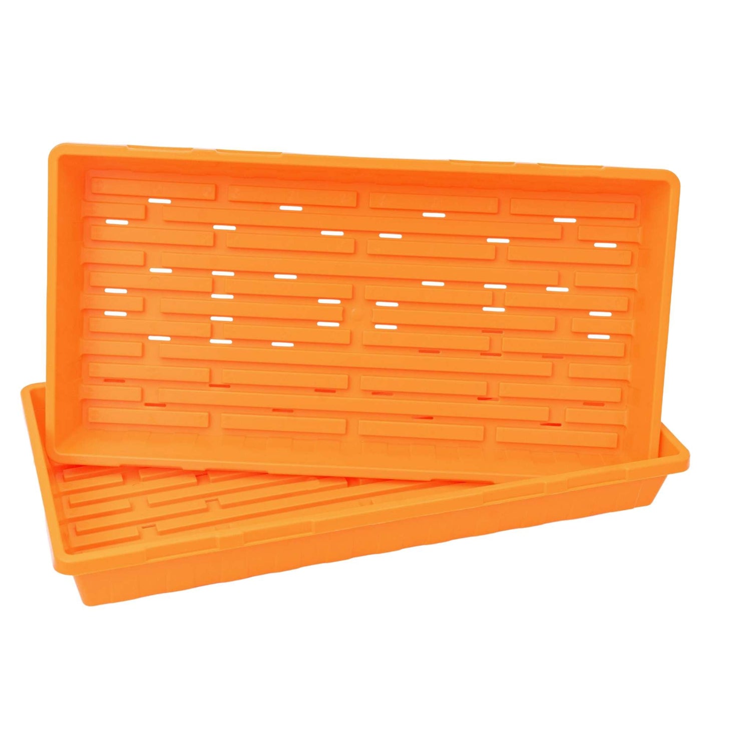 Two orange plastic trays with drainage holes on a white background 
