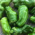Close-up of green padron peppers on a wooden surface