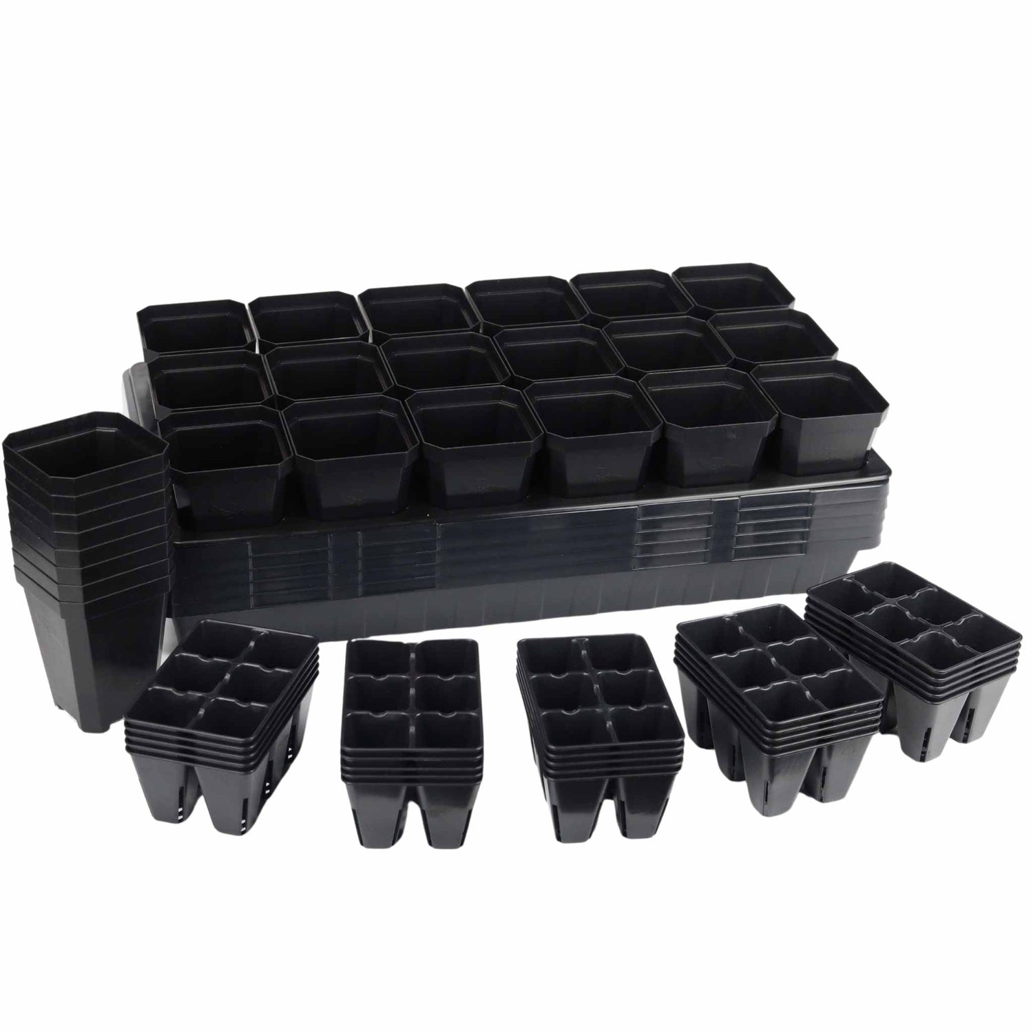 Set of black plastic seedling trays on a white background 
