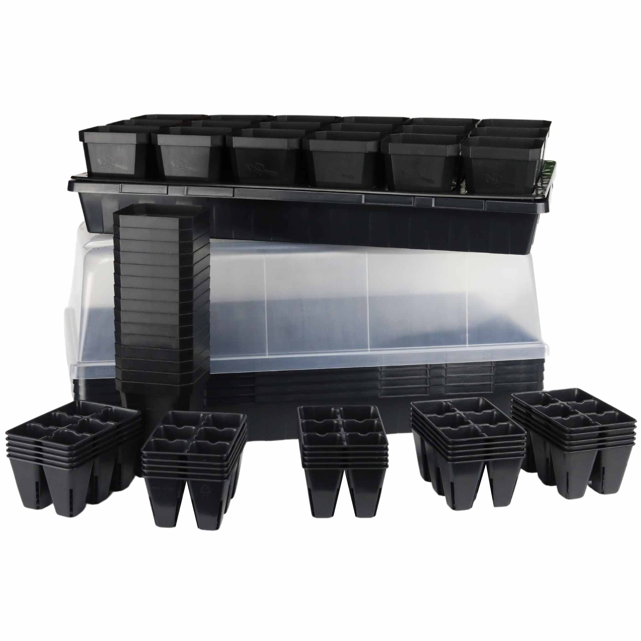 Black plastic seedling trays with a clear storage box on a white background 