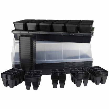 Black plastic seedling trays with a clear storage box on a white background 