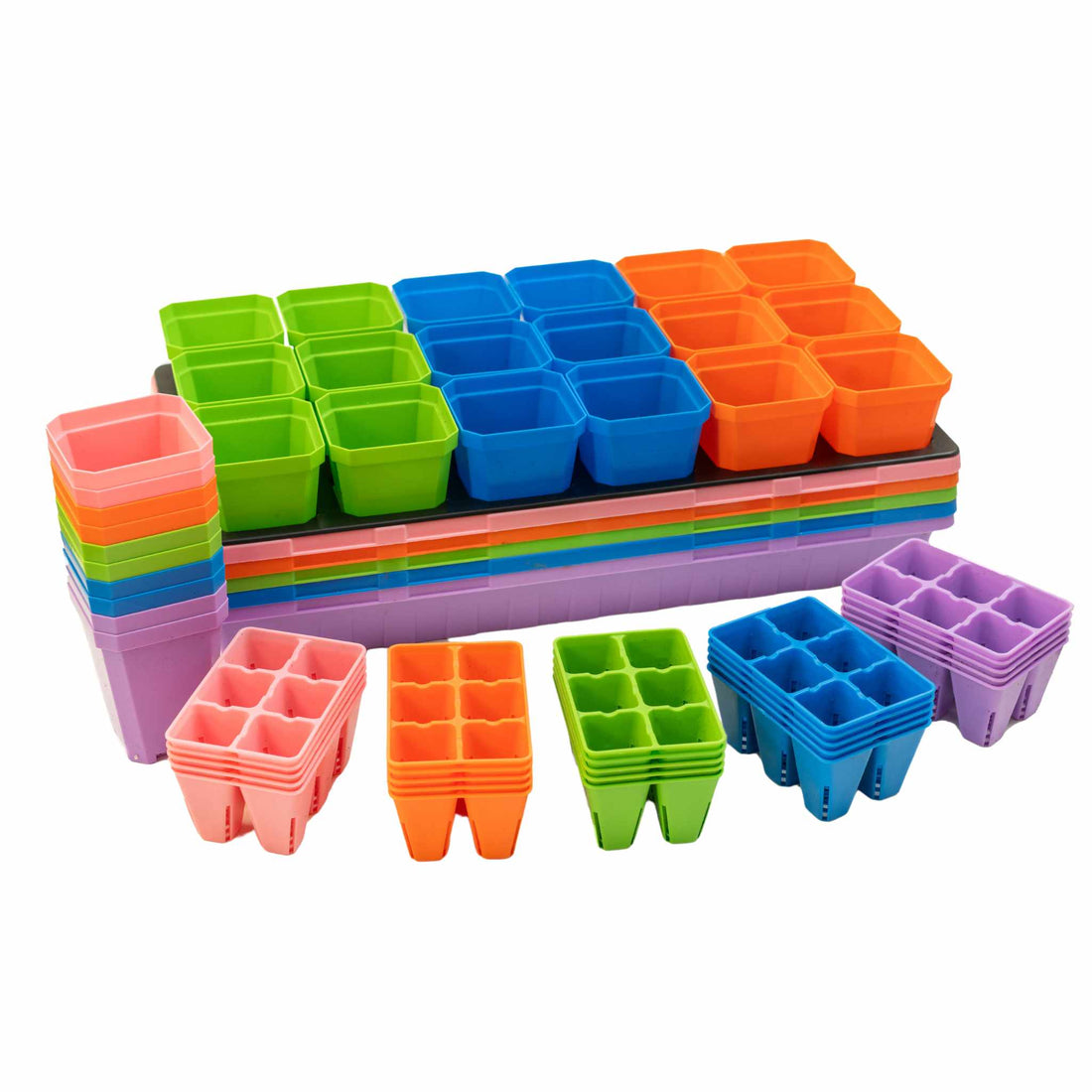 Set of colorful plastic seedling trays on a white background 