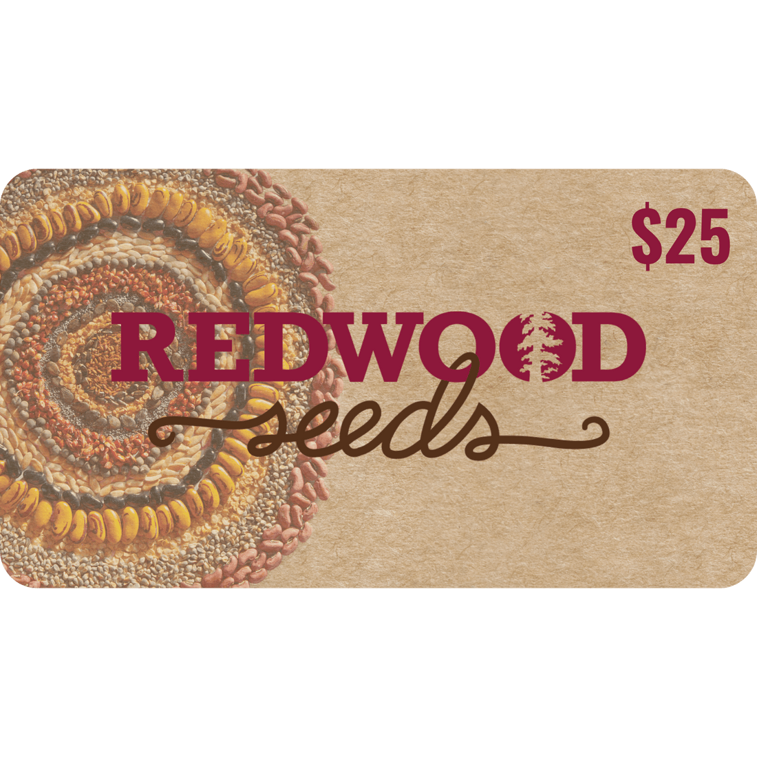 Redwood Seeds gift card with a spiral design of seeds on a brown background